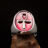 Red oval shaped Egyptian Ankh Cross Men's Ring - Sterling Silver - BikeRing4u