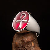 Red oval shaped Egyptian Ankh Cross Men's Ring - Sterling Silver - BikeRing4u