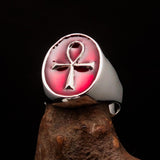 Red oval shaped Egyptian Ankh Cross Men's Ring - Sterling Silver - BikeRing4u