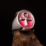 Red oval shaped Egyptian Ankh Cross Men's Ring - Sterling Silver - BikeRing4u