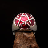 Excellent crafted Men's Pinky Ring domed red Pentagram - Sterling Silver - BikeRing4u