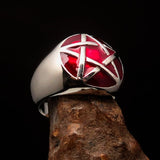 Excellent crafted Men's Pinky Ring domed red Pentagram - Sterling Silver - BikeRing4u