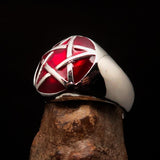 Excellent crafted Men's Pinky Ring domed red Pentagram - Sterling Silver - BikeRing4u