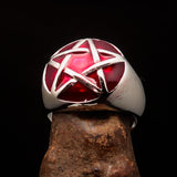 Excellent crafted Men's Pinky Ring domed red Pentagram - Sterling Silver - BikeRing4u