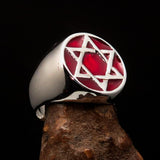 Excellent crafted Men's Pinky Ring red Star of David - Sterling Silver - BikeRing4u