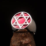 Excellent crafted Men's Pinky Ring red Star of David - Sterling Silver - BikeRing4u