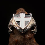 Men's Sterling Silver Shield Ring Flag of Cornwall white Cross on Black - BikeRing4u