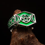 Men's Sterling Silver Ring green Crescent Moon Pentagram Star - BikeRing4u