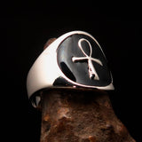 Excellent crafted Men's small black Egyptian Ankh Cross Ring - Sterling Silver - BikeRing4u