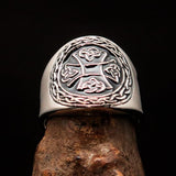 Excellent crafted ancient black Celtic Birgit's Cross Men's Ring - Sterling Silver - BikeRing4u