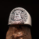 Excellent crafted ancient black Celtic Birgit's Cross Men's Ring - Sterling Silver - BikeRing4u