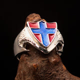 Men's Sterling Silver Shield Ring Flag of Norway blue Cross on Red - BikeRing4u