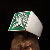Nicely crafted Men's Ring Green Greek Warrior - Sterling Silver - BikeRing4u