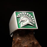Nicely crafted Men's Ring Green Greek Warrior - Sterling Silver - BikeRing4u
