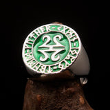 Nicely crafted Men's ancient Green Viking Runes Ring - Sterling Silver - BikeRing4u
