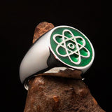 Perfectly crafted Men's Teacher Ring Atom Symbol Green - Sterling Silver - BikeRing4u