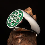 Perfectly crafted Men's Teacher Ring Atom Symbol Green - Sterling Silver - BikeRing4u