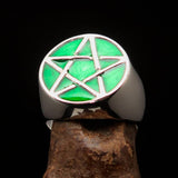 Excellent crafted Men's Pinky Ring green Pentagram - Sterling Silver - BikeRing4u