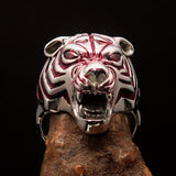 Excellent crafted Men's Predator Ring Tiger red CZ Eyes and Stripes - Sterling Silver - BikeRing4u