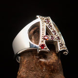 Excellent crafted Initial Ring Bold Letter A - 8 red CZ - Sterling Silver - BikeRing4u