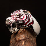 Excellent crafted Men's Predator Ring Tiger red CZ Eyes and Stripes - Sterling Silver - BikeRing4u