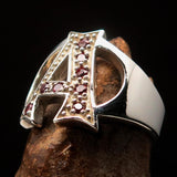 Excellent crafted Initial Ring Bold Letter A - 8 red CZ - Sterling Silver - BikeRing4u