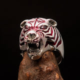 Excellent crafted Men's Predator Ring Tiger red CZ Eyes and Stripes - Sterling Silver - BikeRing4u