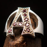 Excellent crafted Initial Ring Bold Letter A - 8 red CZ - Sterling Silver - BikeRing4u