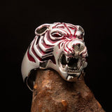 Excellent crafted Men's Predator Ring Tiger red CZ Eyes and Stripes - Sterling Silver - BikeRing4u