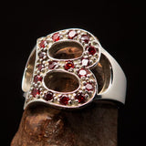 Excellent crafted Initial Ring Bold Letter B - 17 red CZ - Sterling Silver - BikeRing4u