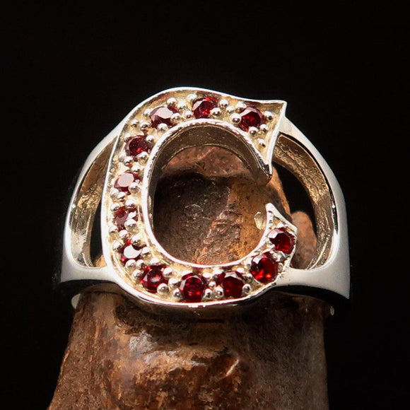 Excellent crafted Initial Ring Bold Letter C - 12 red CZ - Sterling Silver - BikeRing4u
