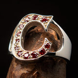 Excellent crafted Initial Ring Bold Letter C - 12 red CZ - Sterling Silver - BikeRing4u