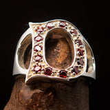 Excellent crafted Initial Ring Bold Letter D - 14 red CZ - Sterling Silver - BikeRing4u