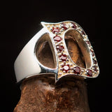 Excellent crafted Initial Ring Bold Letter D - 14 red CZ - Sterling Silver - BikeRing4u
