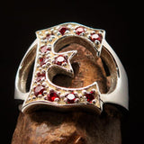 Excellent crafted Initial Ring Bold Letter E - 12 red CZ - Sterling Silver - BikeRing4u