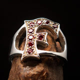 Excellent crafted Initial Ring Bold Letter F - 9 red CZ - Sterling Silver - BikeRing4u