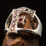 Excellent crafted Initial Ring Bold Letter F - 9 red CZ - Sterling Silver - BikeRing4u