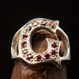 Excellent crafted Initial Ring Bold Letter G - 12 red CZ - Sterling Silver - BikeRing4u