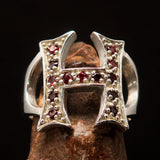 Excellent crafted Initial Ring Bold Letter H - 13 red CZ - Sterling Silver - BikeRing4u