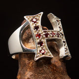 Excellent crafted Initial Ring Bold Letter H - 13 red CZ - Sterling Silver - BikeRing4u