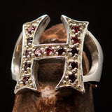 Excellent crafted Initial Ring Bold Letter H - 13 red CZ - Sterling Silver - BikeRing4u