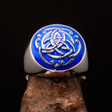 Excellent domed Men's Ring blue Celtic Triquetra Knot - Sterling Silver - BikeRing4u