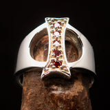 Excellent crafted Initial Ring Bold Letter I - 5 red CZ - Sterling Silver - BikeRing4u