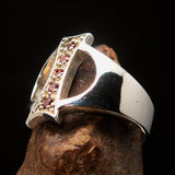 Excellent crafted Initial Ring Bold Letter I - 5 red CZ - Sterling Silver - BikeRing4u