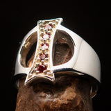 Excellent crafted Initial Ring Bold Letter I - 5 red CZ - Sterling Silver - BikeRing4u