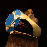 Nicely crafted Men's Hebrew Ring Blue and White Star of David - Solid Brass - BikeRing4u