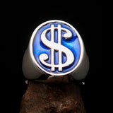 Excellent crafted Men's Currency Ring Blue US Dollar Symbol - Sterling Silver - BikeRing4u