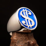Excellent crafted Men's Currency Ring Blue US Dollar Symbol - Sterling Silver - BikeRing4u