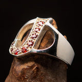 Excellent crafted Initial Ring Bold Letter J - 8 red CZ - Sterling Silver - BikeRing4u
