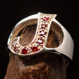 Excellent crafted Initial Ring Bold Letter J - 8 red CZ - Sterling Silver - BikeRing4u